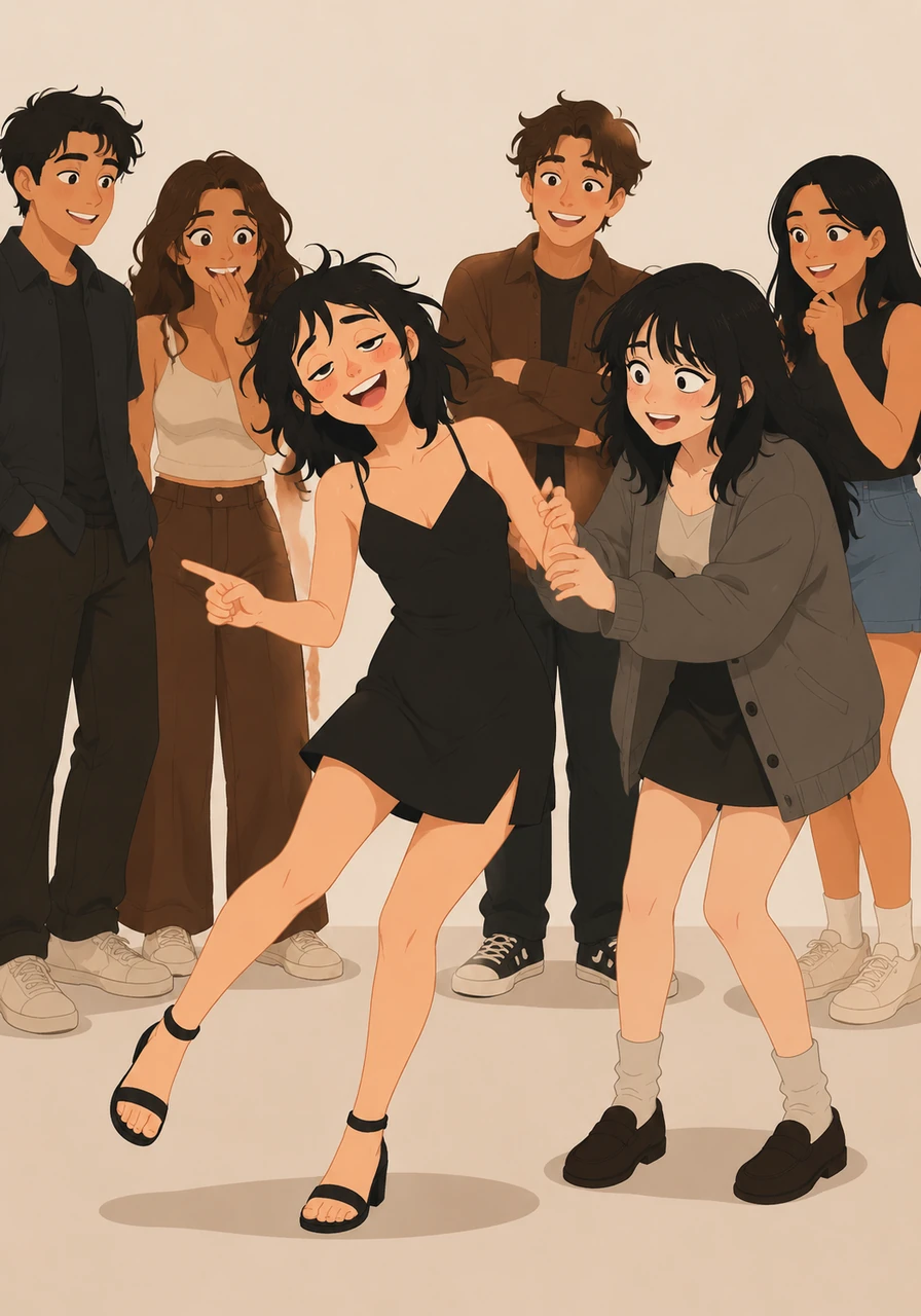 A bit later in the night, Mandy attempts to demonstrate a new dance move to the group. She loses her balance slightly, tilting to one side while giggling and pointing a finger, as her friend reaching out a hand to steady her.