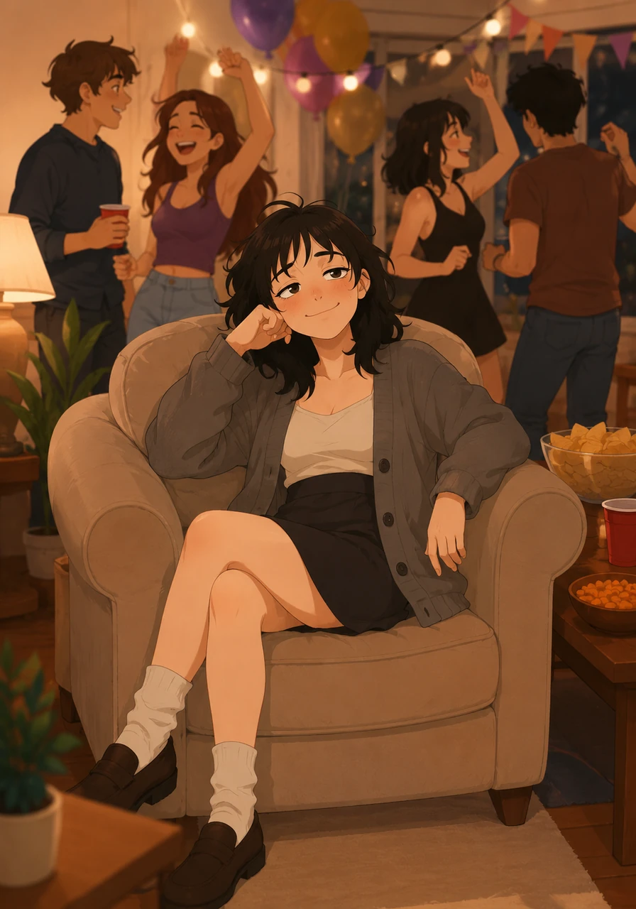 Mandy is sitting comfortably on a soft armchair, her head resting against the back, with a peaceful smile. She has a faint warmth glowing on her cheeks as she contentedly watches the party activities around her.