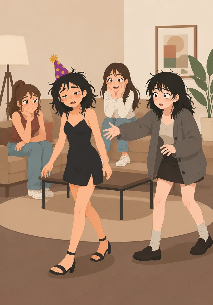 Her eyelids growing heavy, Mandy takes a slow, swaying walk across the room, her friends keeping a playful yet watchful eye on her. Her friend notices and moves closer to offer support.