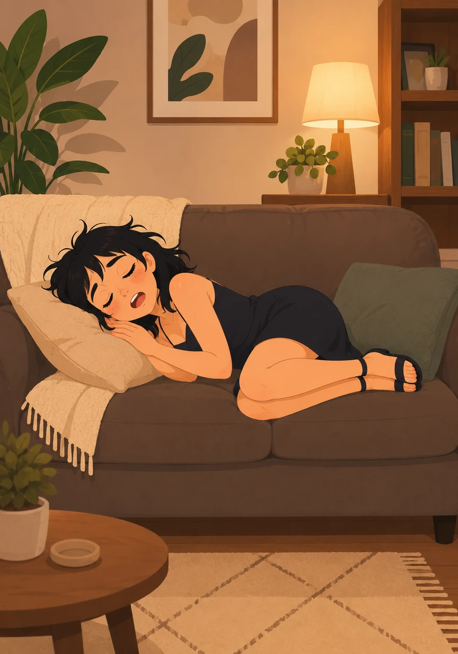 Feeling very sleepy, Mandy settles onto a plush sofa. Within moments, she has curled up on her side, her soft snoring quickly filling the small space around her as she drifts into a deep sleep.