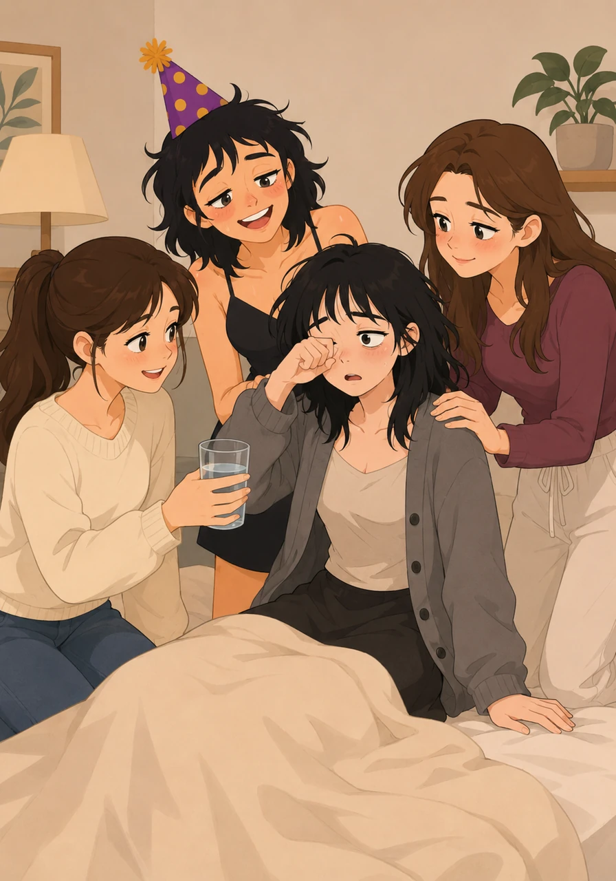 Mandy wakes up briefly, rubbing her eyes with the back of her hand and looking confused. Her friends gather around her with concerned but caring smiles, bringing her a comforting glass of water.