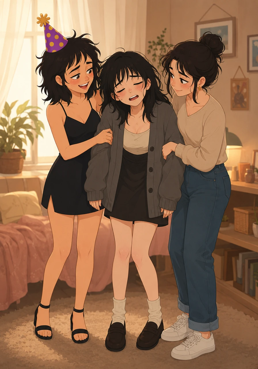 Her friends gently help Mandy stand up, supporting her on both sides. Still sleepy and slightly wobbly, sheleans into their care, murmuring quietly in appreciation of their help.