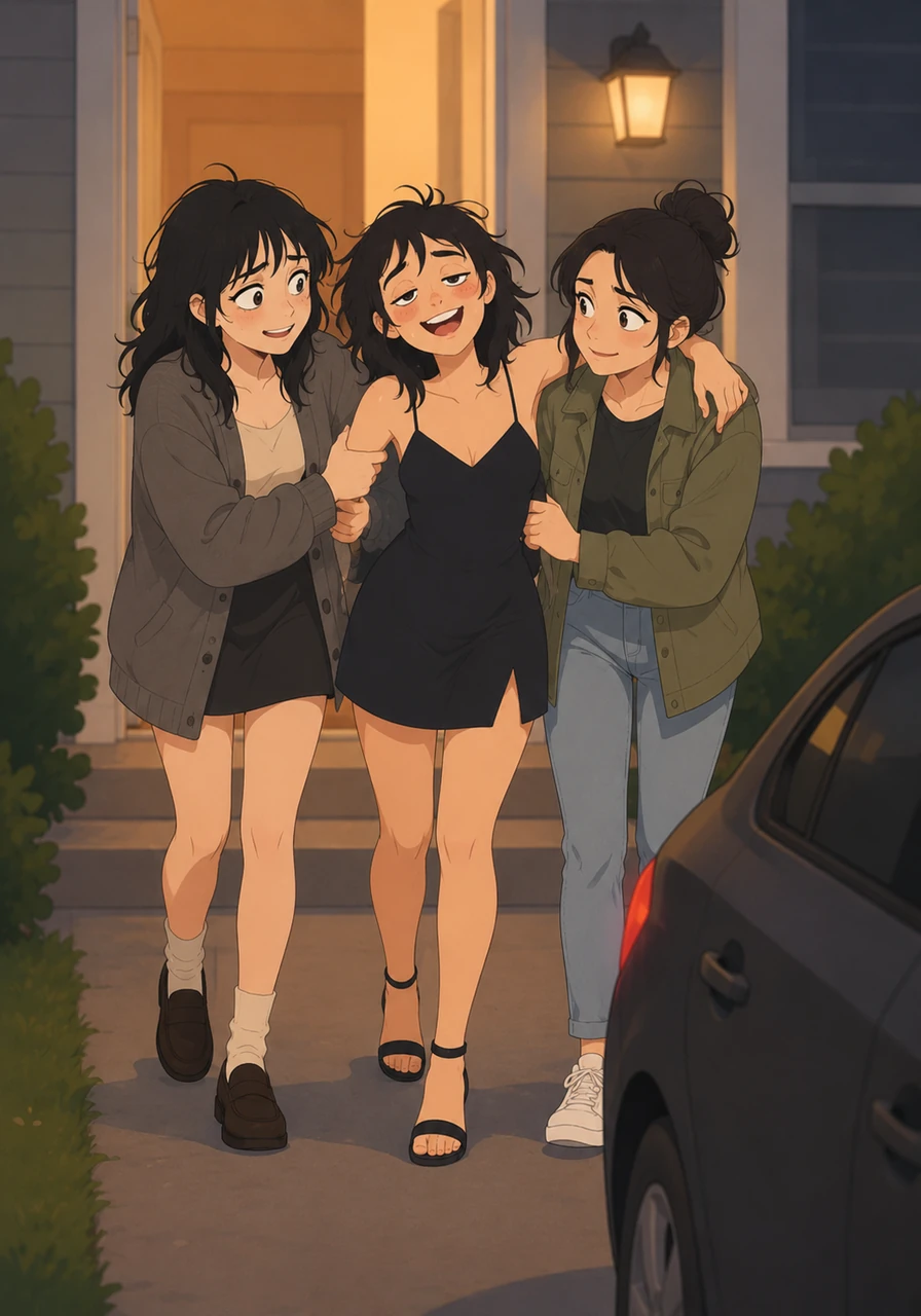 They slowly walk Mandy out of the party house and towards the waiting car. She takes careful, slow steps with their aid, her focus entirely on staying upright.