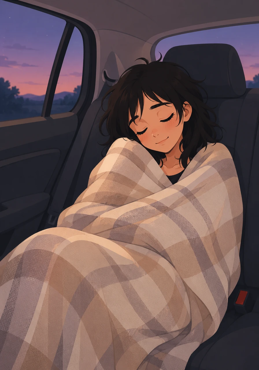 Mandy is secured safely in the car's backseat, surrounded by a blanket provided by her thoughtful friends. Her head rests comfortably against the soft seat as she immediately closes her eyes.