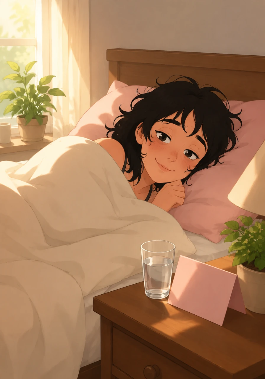 The next morning, Mandy is tucked snugly in her bed at home. She wakes up slowly, feeling rested, and smiles warmly as she sees a friendly note and a glass of water on her nightstand.