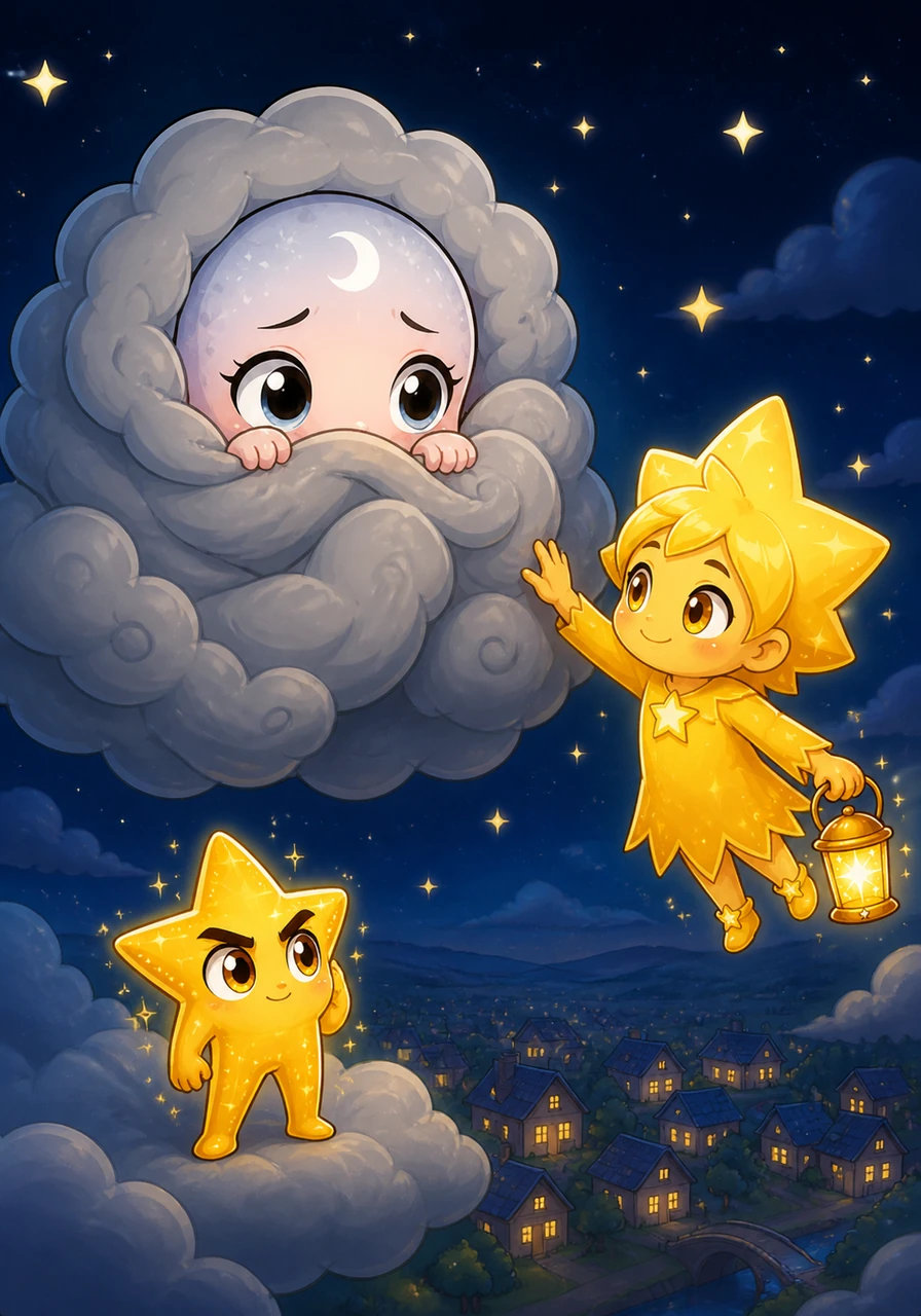High above the sleeping world, Luna the moon felt a little bit shy tonight. She pulled a soft, velvet blanket of grey clouds over her glowing face, hiding her silver light from the world.
