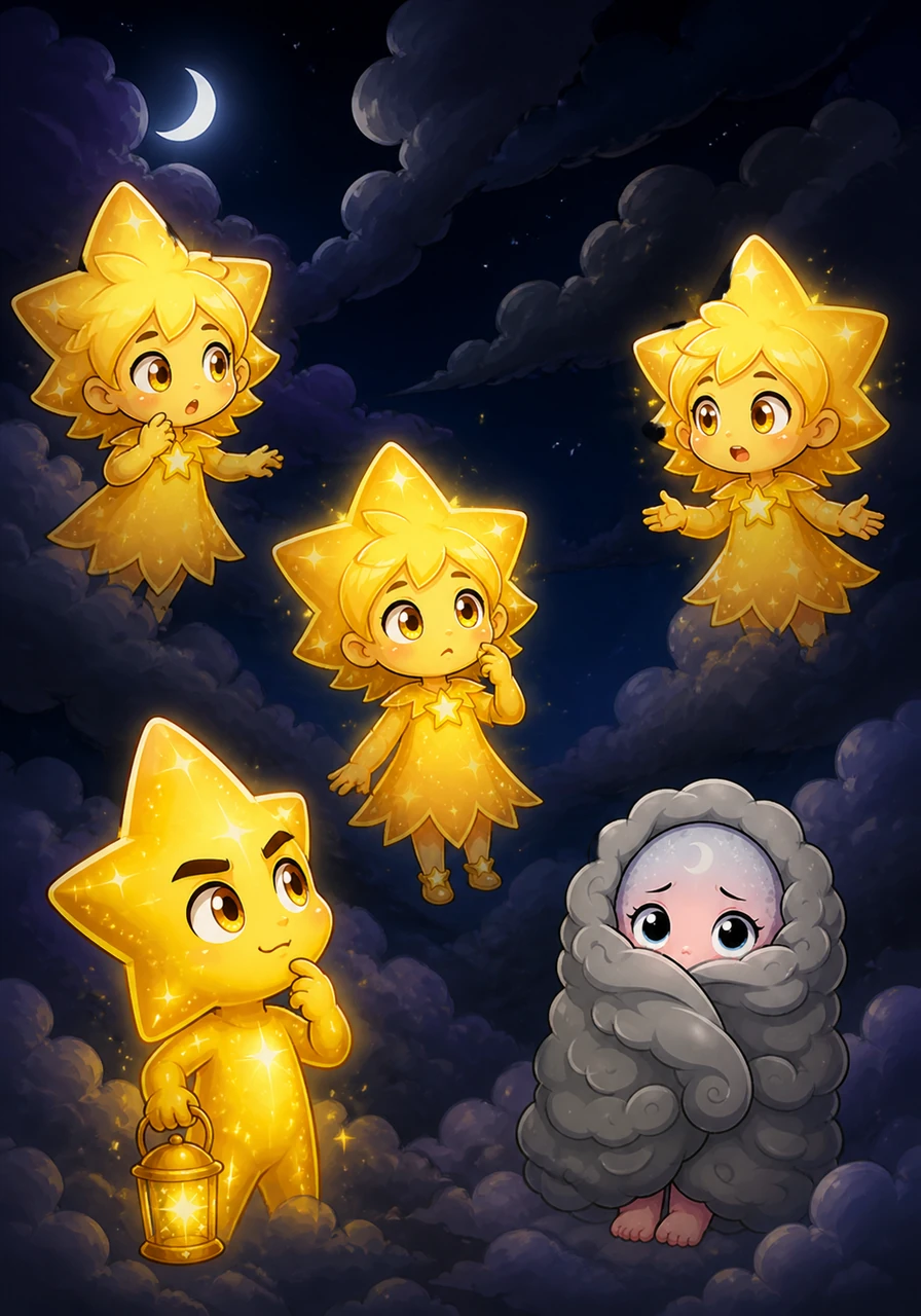 The sky grew very dark, and one by one, the little stars began to wake up. They blinked their golden eyes and whispered to each other, wondering where their bright friend had gone.