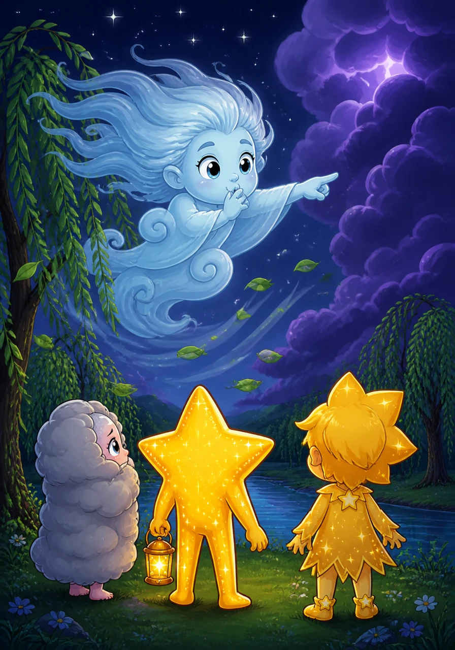 They met the gentle Night Wind, who was busy ruffling the leaves of the willow trees. The Wind whistled a soft melody and pointed his breezy fingers toward a cluster of tall, purple thunderclouds.