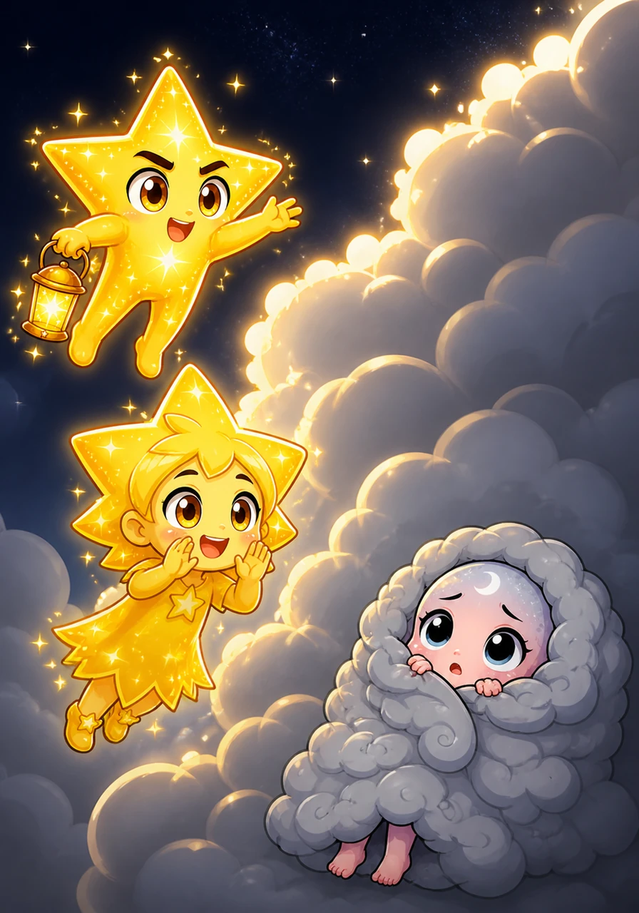The stars reached the edge of the giant clouds and called out Luna's name in high, shimmering voices. Their collective light made the edges of the clouds glow like precious pearls in the dark.