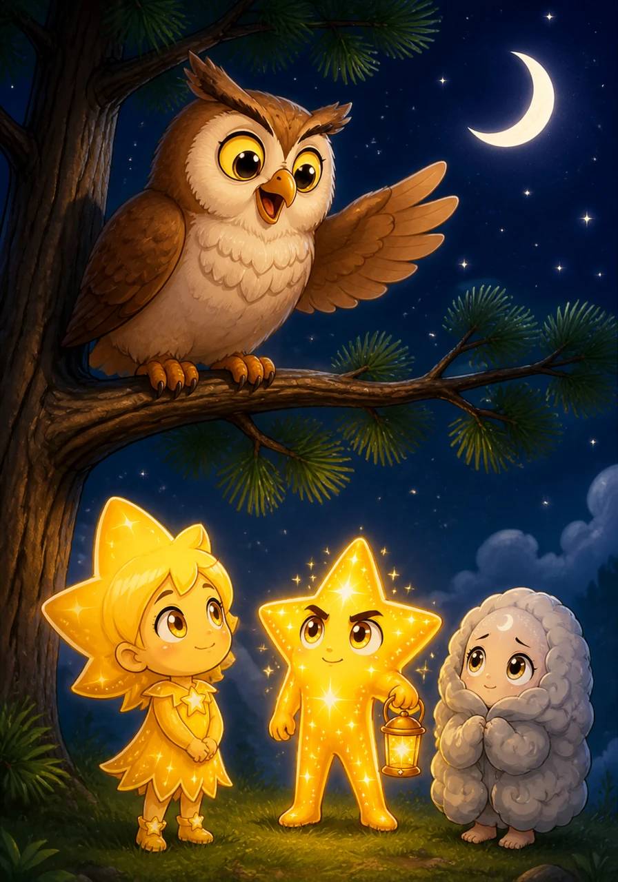 A wise old owl perched on a high pine tree heard the commotion and looked up with his big, amber eyes. He hooted a message of encouragement, telling Luna that even her smallest sliver of light helps him find his way home.