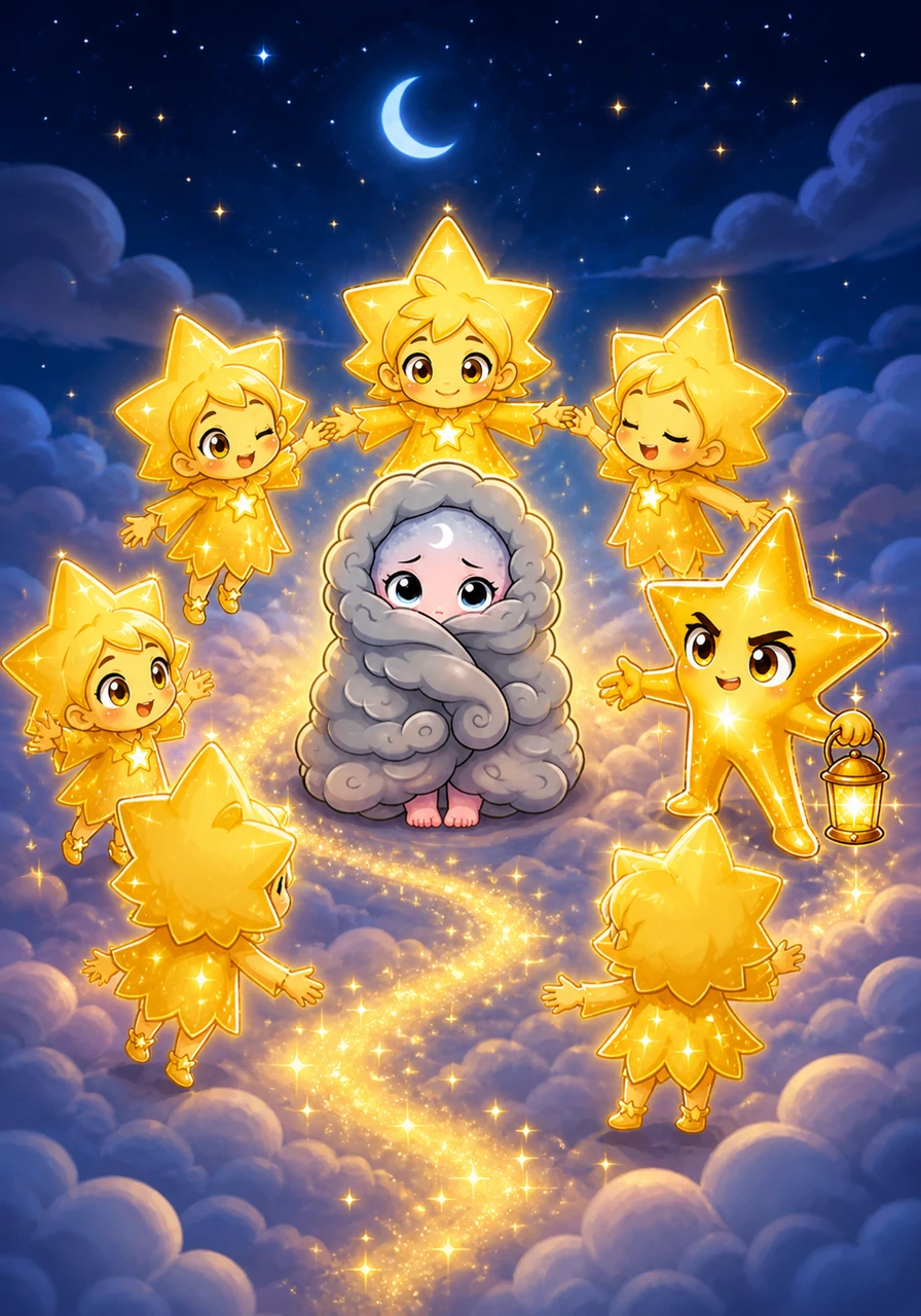 The stars decided to help Luna feel brave by gathering in a circle and singing a gentle celestial lullaby. Their rhythmic twinkling created a sparkling path of light that danced across the surface of the clouds.