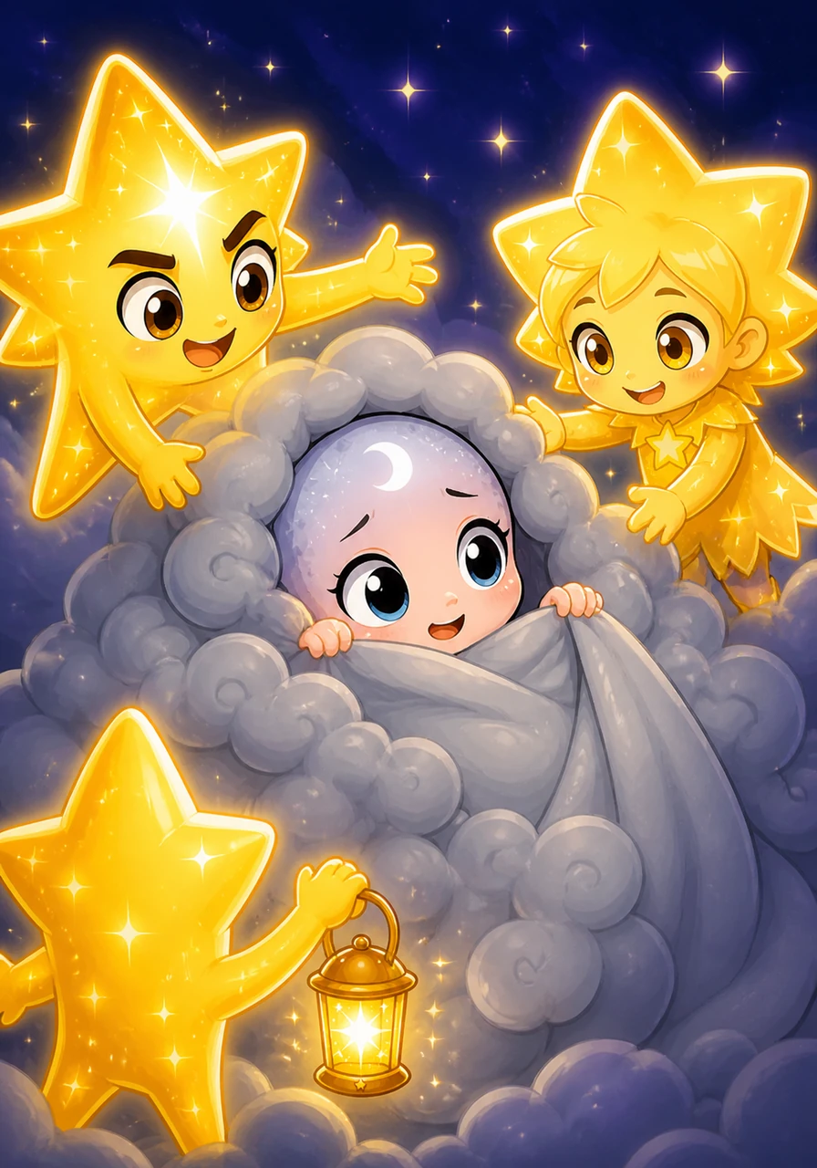 Feeling the warmth of her friends' love, Luna slowly pushed aside her cloud blanket. She peeked out and saw how much the stars had missed her, realizing that she was perfect just the way she was.