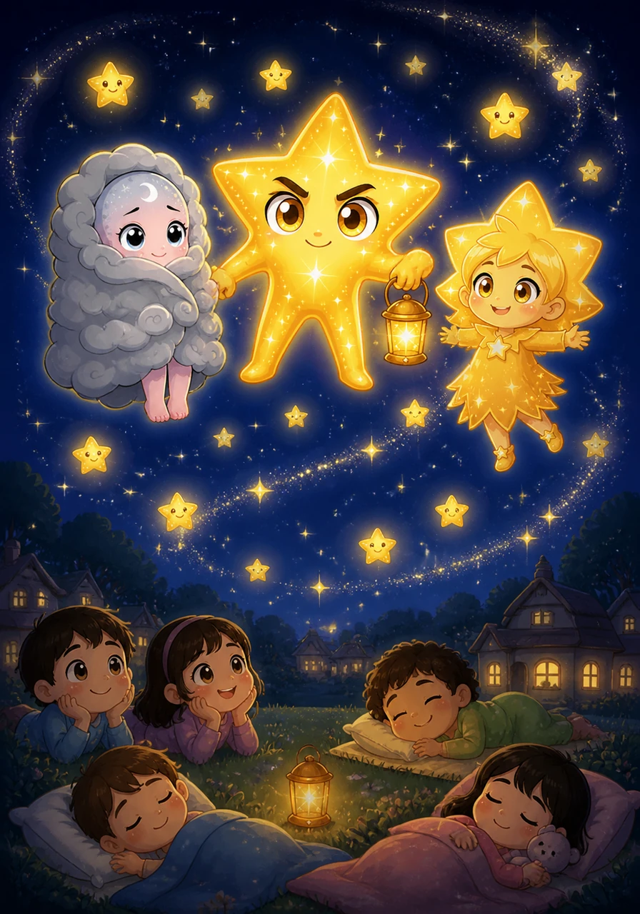 The entire night sky erupted in a joyful glow as Luna and the stars shone together in harmony. Down on Earth, children looked up at the beautiful silver light and drifted into a peaceful, happy sleep.