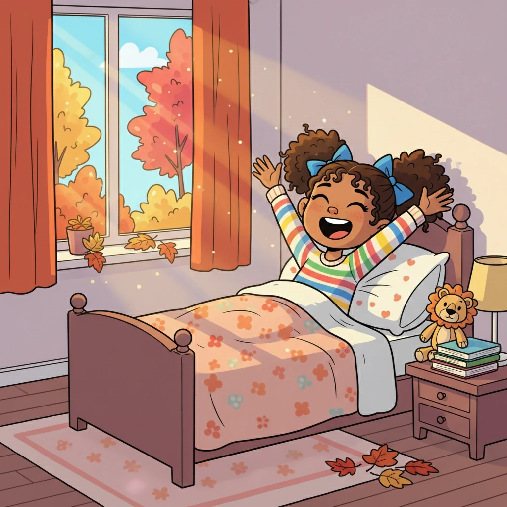 Maya woke up with a big smile. It was the first day of her autumn break! She stretched and yawned, excited for all the fun things she would do.