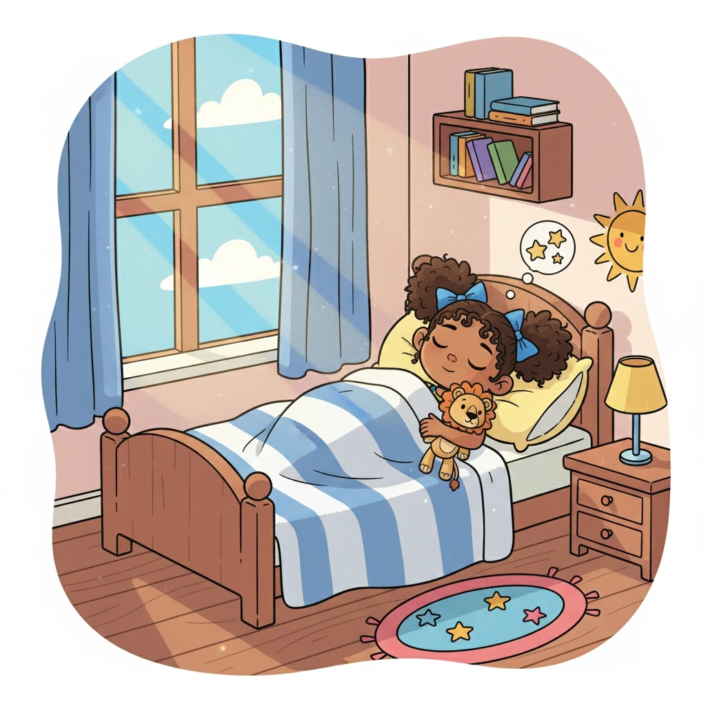 After a busy morning, Maya decided to take a nap. She snuggled under her cozy blanket and dreamt of adventures. The afternoon sun streamed through her window.
