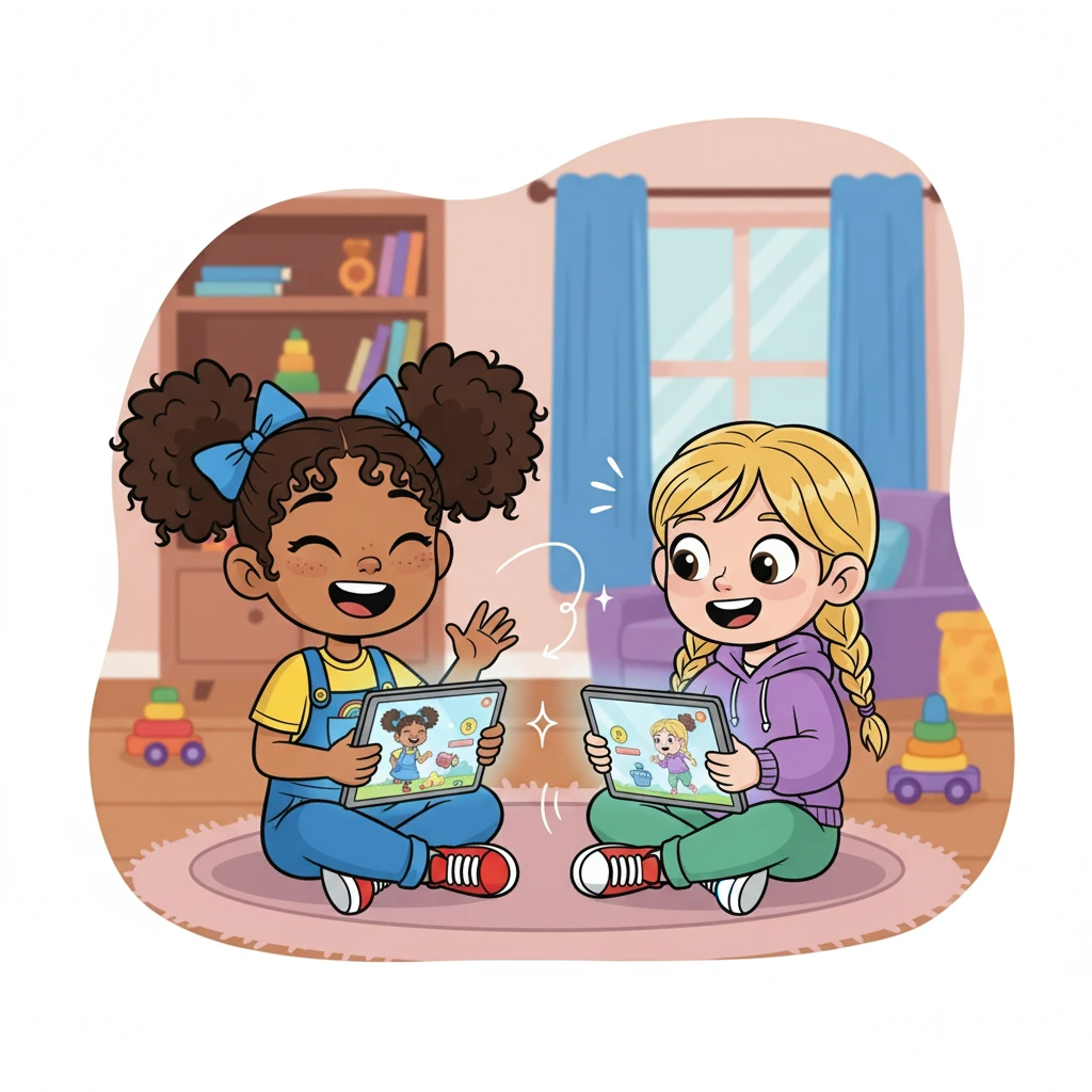 Maya and Lily had a video call. They played an online game together, laughing and cheering. It was like they were right next to each other, sharing the fun.