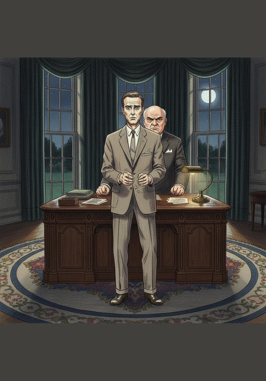 Inside the dimly lit Oval Office, the tension is suffocating as Robert watches the President's advisors argue fiercely for an immediate military response. The decision is finally made to bypass the blockade and launch a massive preemptive air strike against the missile sites.