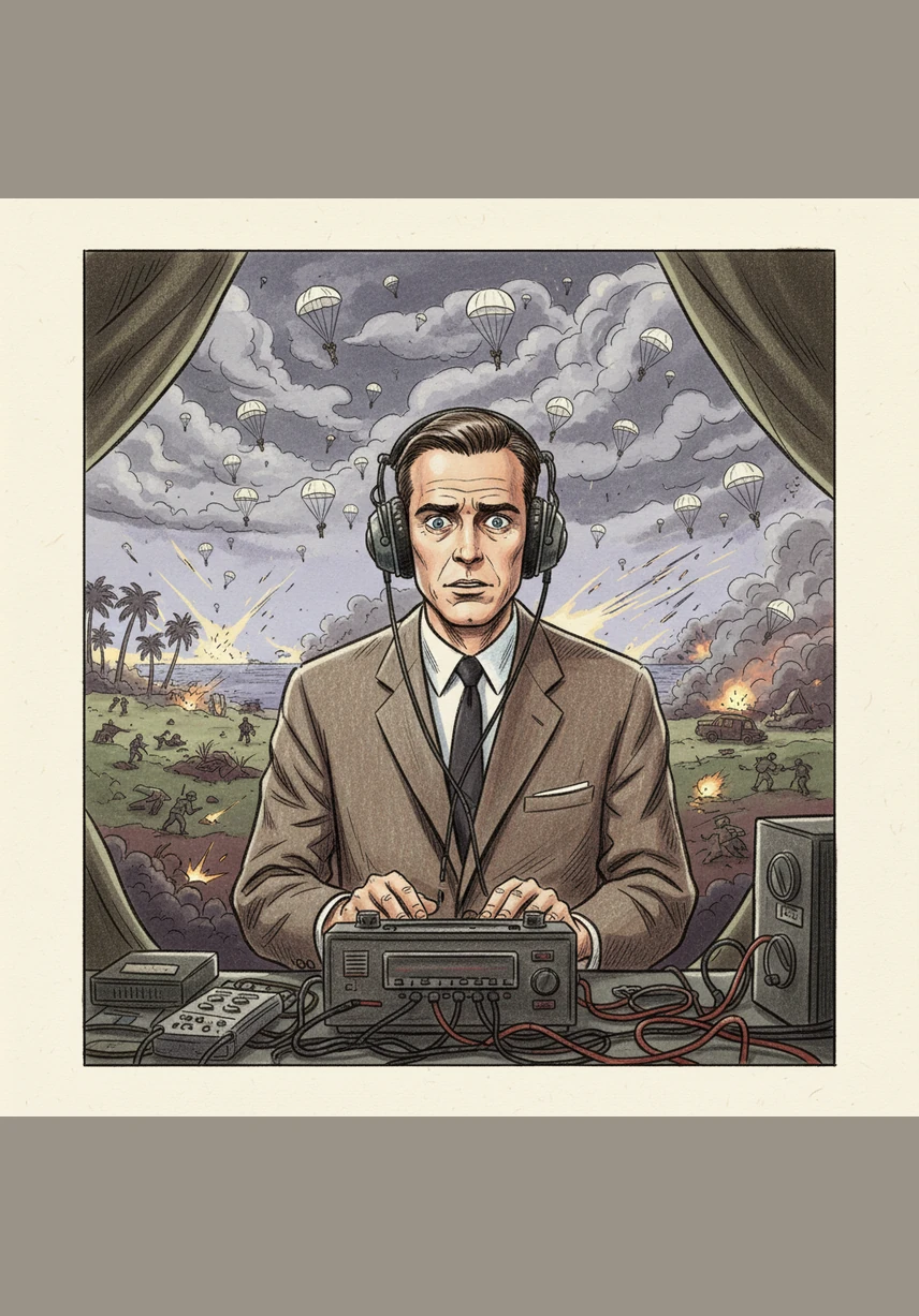 Thousands of paratroopers descend like white blossoms against a bruised sky, landing amidst the chaos of the Cuban coastline. Robert monitors the communications, hearing the frantic reports of heavy resistance and the rapid escalation of ground combat across the island.