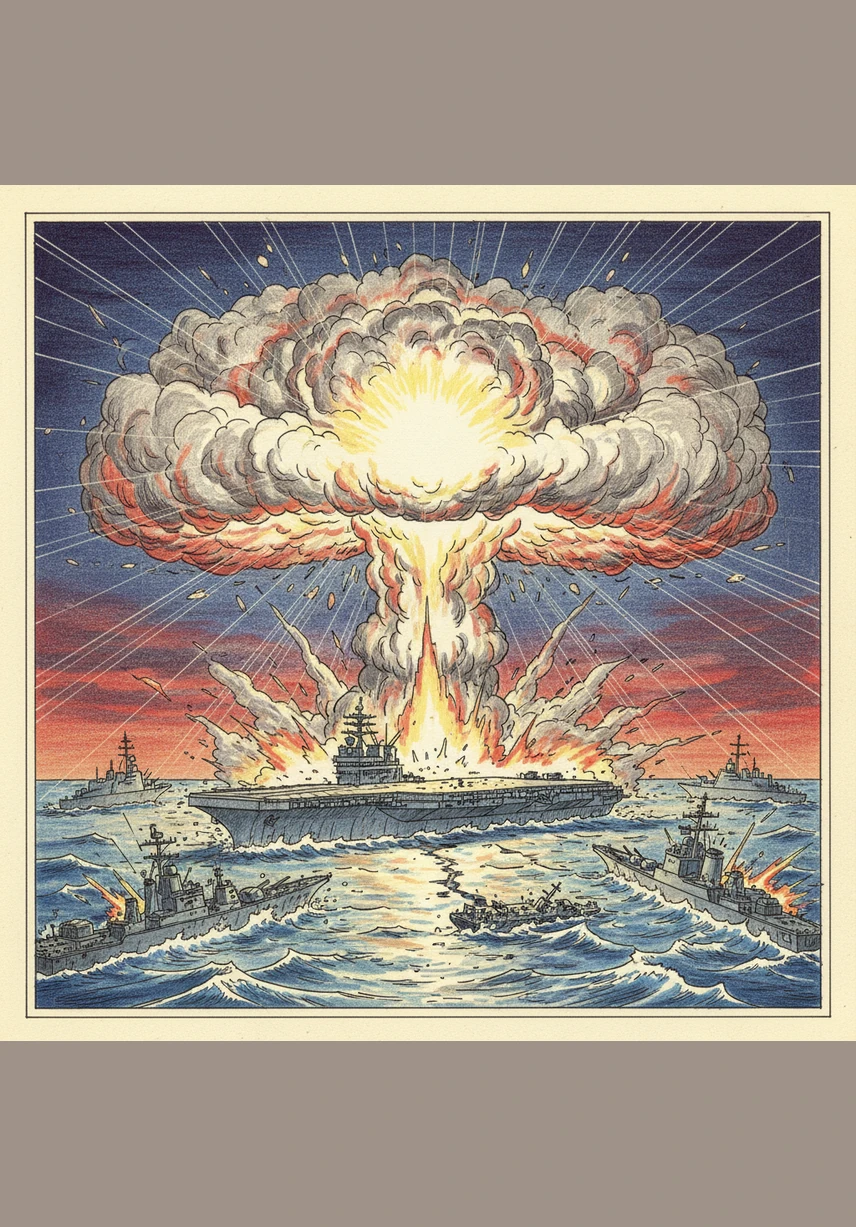 A blinding flash illuminates the horizon as a tactical nuclear device is detonated over a carrier group, turning the sea into a cauldron of fire. The threshold has been crossed, and the limited conflict spirals into an uncontrollable global catastrophe that no one can stop.