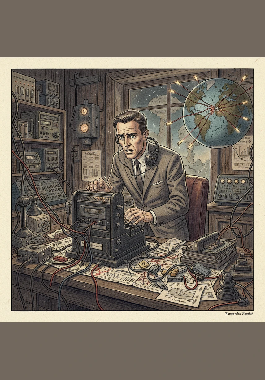 Robert frantically types at his telegraph machine, trying to establish a back-channel connection to Moscow, but the lines have gone dead. The beautiful complexity of global civilization is being unraveled by the simple, brutal logic of total war and broken communications.