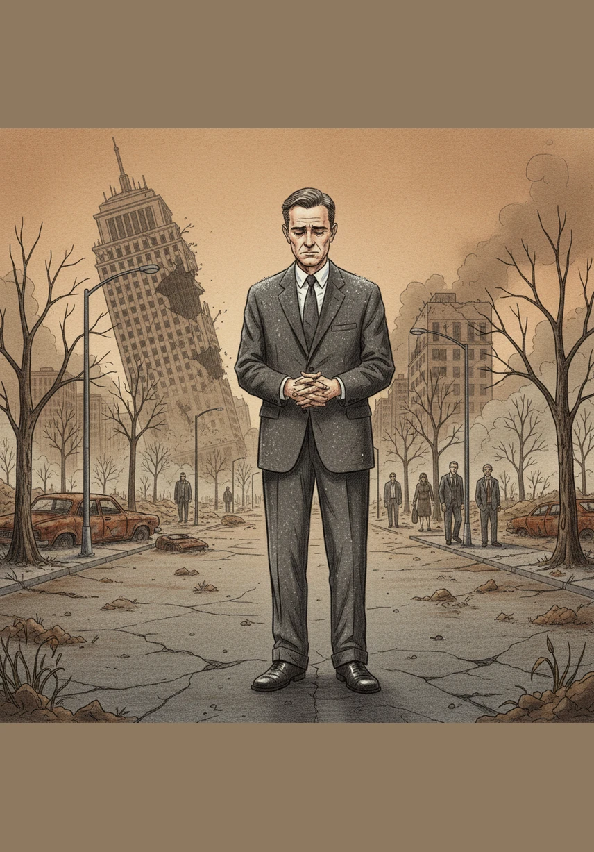 The once-vibrant skylines of great cities are replaced by jagged skeletons of steel and concrete under a perpetual gray sky. The environmental collapse follows the fires, casting the planet into a long, lonely winter of silence and profound regret.