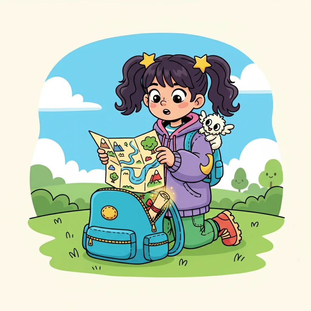 Mimo, com sua voz divertida, sussurrou para Luna: "Hoje será um dia especial!" Luna, curiosa, abriu a mochila para descobrir o que a esperava. Dentro, havia um mapa colorido e uma mensagem enigmática.