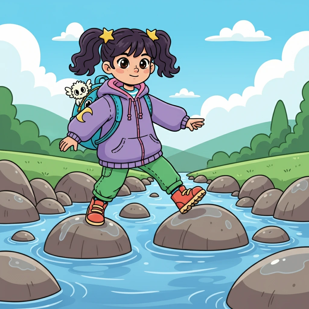 O mapa indicava um parque cheio de desafios. Luna, com a ajuda de Mimo e Pipoca, decidiu seguir o caminho. O primeiro desafio era atravessar um rio de pedras escorregadias.