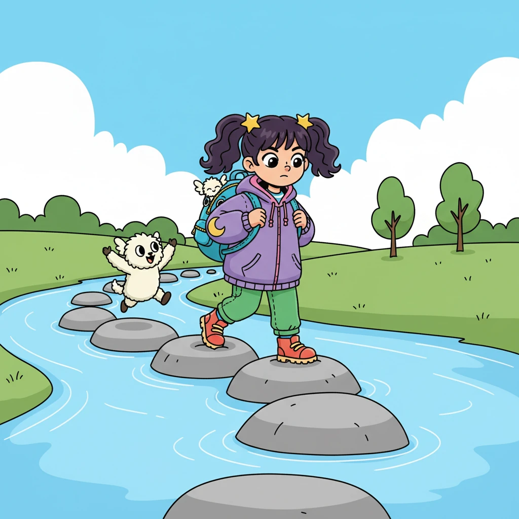 "Precisamos de coragem!" exclamou Mimo. Luna respirou fundo e, com a ajuda de Pipoca, que a guiou com seus pulos, conseguiu atravessar o rio. A coragem de Luna crescia a cada passo.