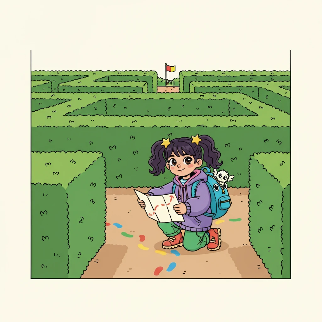 O próximo desafio era um labirinto confuso. Mimo sugeriu que Luna organizasse os passos, anotando cada curva. Com organização, Luna e Pipoca encontraram a saída.