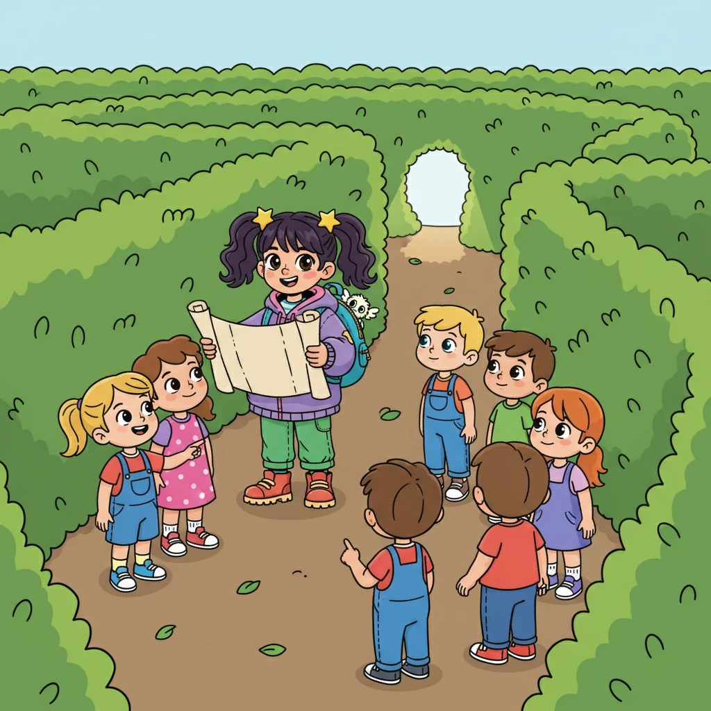 Dentro do labirinto, encontraram um grupo de crianças perdidas. Luna, lembrando-se da lição de amizade, ofereceu ajuda. Juntos, usando o mapa, guiaram as crianças para fora.