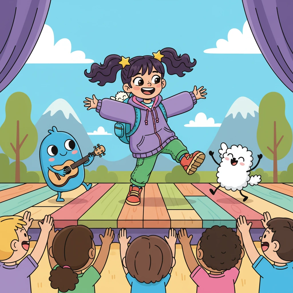 Com a ajuda de Pipoca e Mimo, Luna cantou e dançou, mostrando sua verdadeira força. As crianças aplaudiram, felizes e inspiradas. A coragem e a amizade de Luna brilhavam.