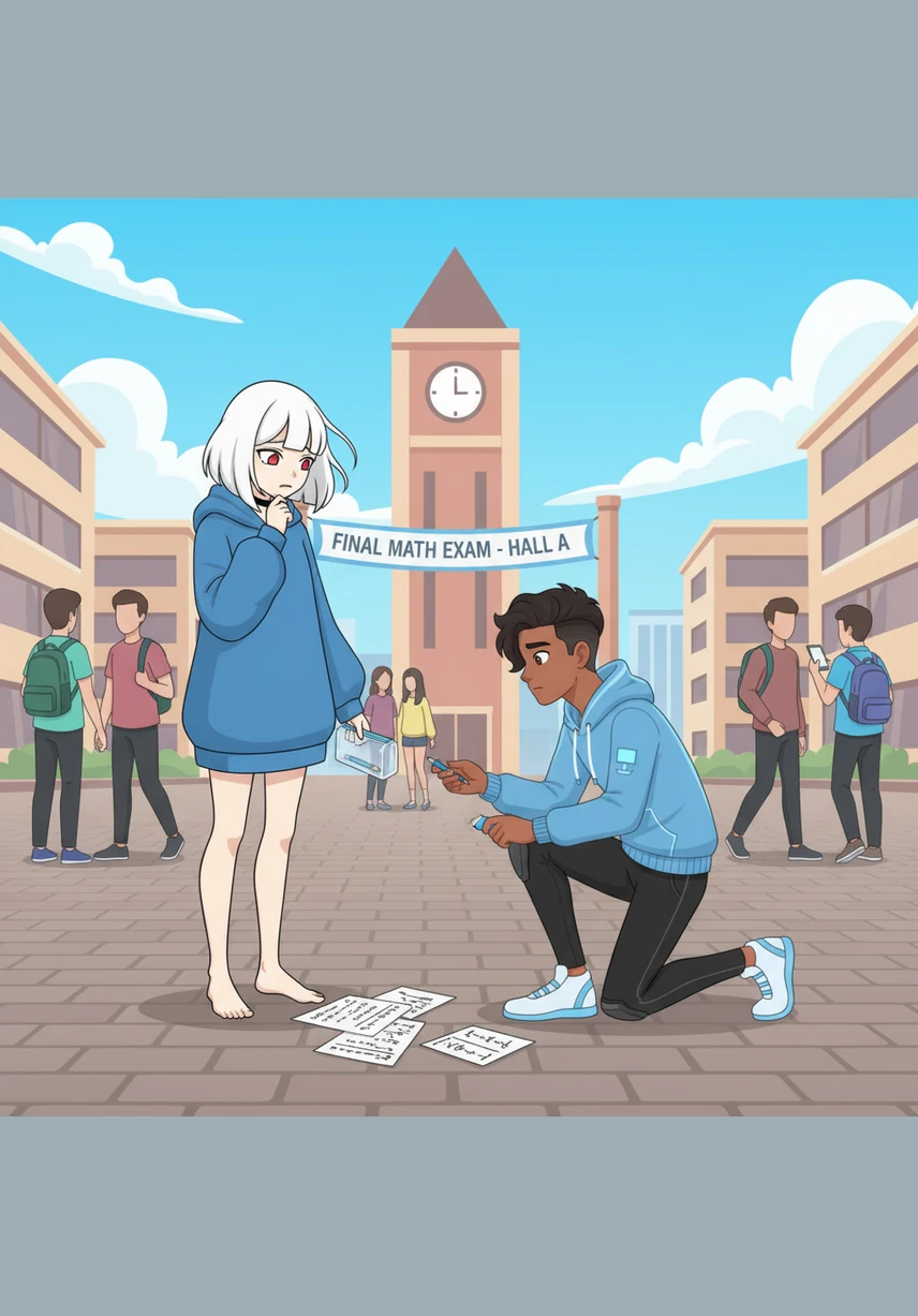 On the day of the important math exam, Meera stands alone on the school grounds, watching him walk and laugh with another girl, feeling a sharp and confusing sting of jealousy for the first time.