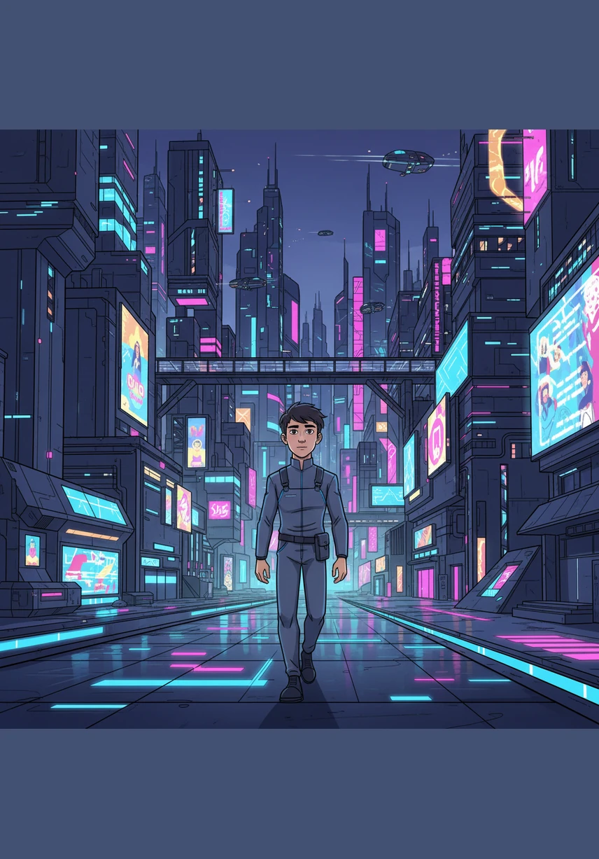 Leo lives in Neo-City, a place of endless neon lights and perfect weather where everyone wears sleek VR headsets. Everything feels slightly too smooth and predictable, like a dream that never ends and never changes. He spends his days walking through the glowing plazas, wondering why he feels so hollow inside.