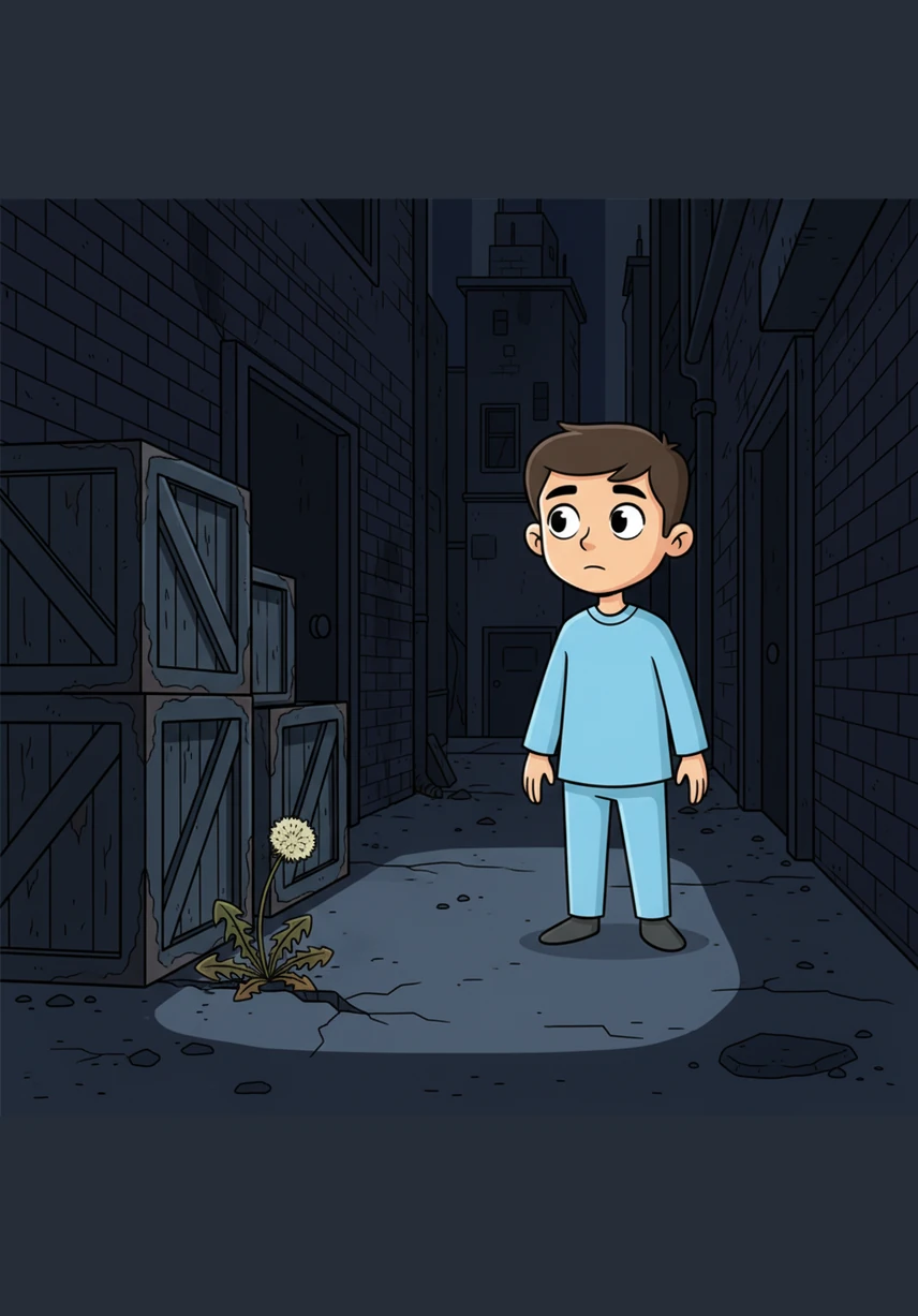 Curiosity leads him to a dark alleyway where the artificial neon glow doesn't reach. There, hidden behind a stack of metal crates, he finds a single, withered dandelion growing from a crack in the concrete. It is the only thing in the entire city that doesn't pulse with light or look perfect.