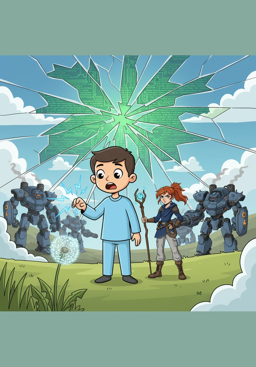 As he reaches out to touch the dandelion, a sharp surge of static electricity shocks his fingertips. Suddenly, the sky above him cracks like a broken mirror, revealing layers of green scrolling code hidden behind the blue clouds. The illusion of the world is starting to peel away at the edges.