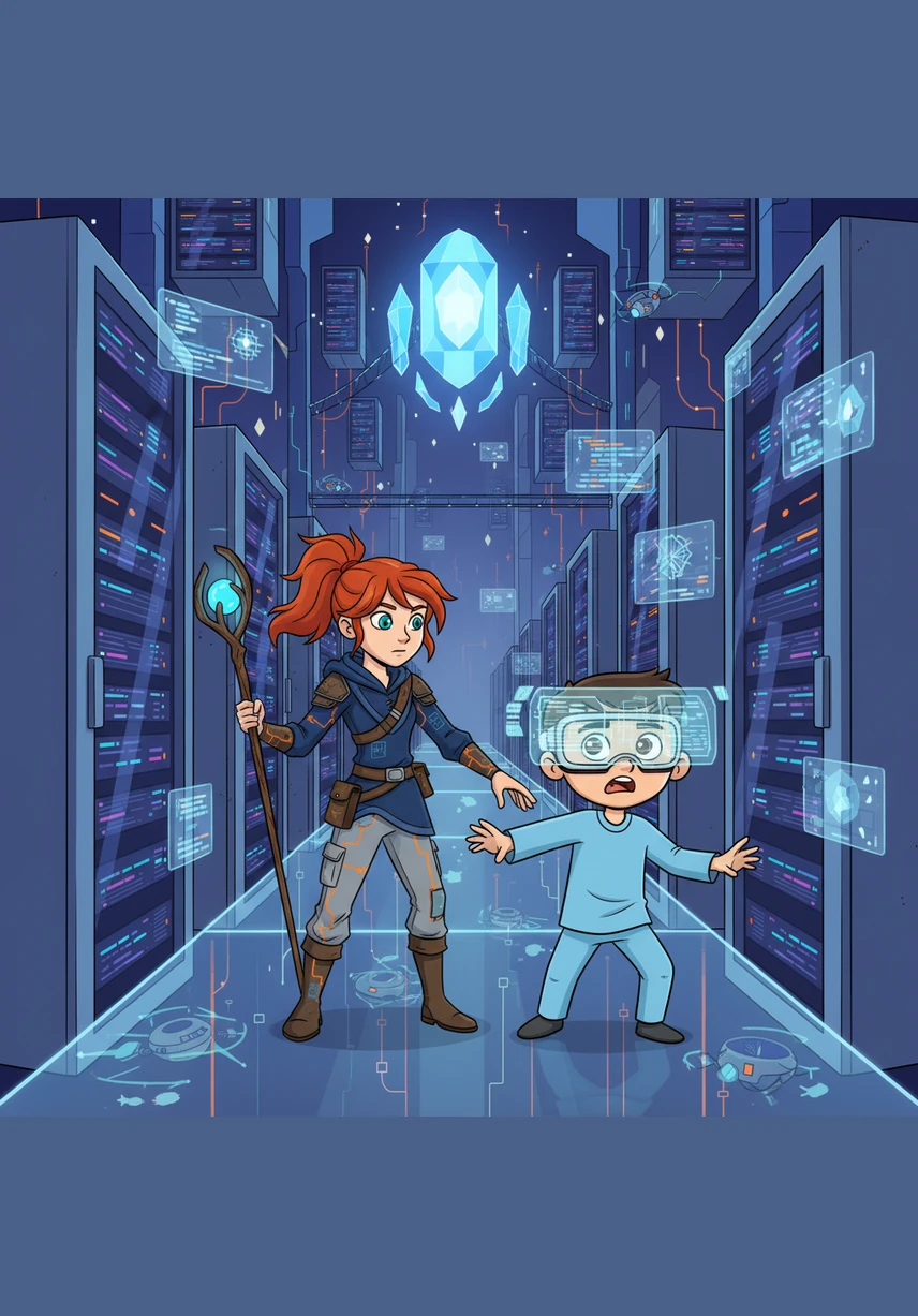 Leo follows Echo to the Great Server Hub, a towering spire of humming black metal at the very center of the city. Sentinels with glowing red eyes patrol the perimeter, searching for any sign of irregularity in the simulation. They move with mechanical precision, guarding the heart of the system.