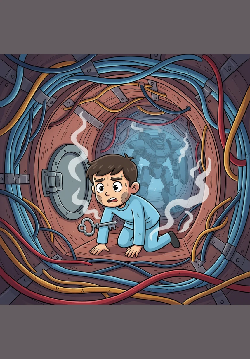 Using the silver key, Leo opens a hidden maintenance hatch at the base of the spire. He crawls through a cramped tunnel filled with pulsing wires and thick fiber-optic cables. He can feel the immense heat of the machine breathing around him as he moves deeper into the core.