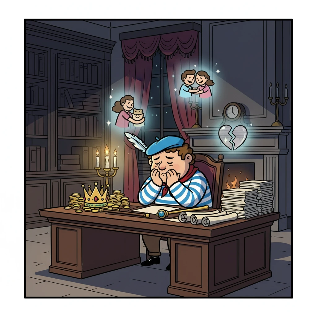 Lorenzo se retrouve seul dans son bureau, face à sa propre conscience. Il réalise le prix qu'il a payé pour le pouvoir : l'amitié, l'amour, et une part de son âme. Le succès a un goût amer.