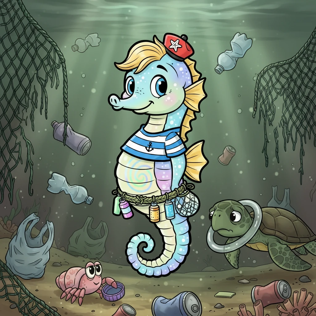 Her journey began, swimming through polluted waters, dodging plastic bottles and tangled nets. Along the way, she met a turtle stuck in a plastic ring and a crab with no shell, each story a testament to the ocean's suffering.
