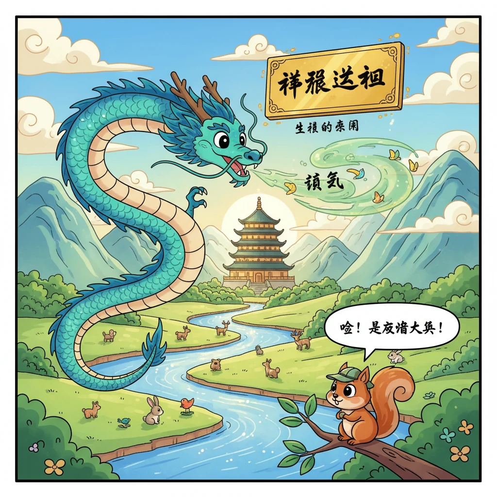 在遥远的东方，有一片被阳光眷顾的古老大地，山川秀丽，河流蜿蜒，生灵们在祥和中快乐生活。空气中弥漫着淡淡的灵气，仿佛每一个角落都藏着古老的秘密和祝福。