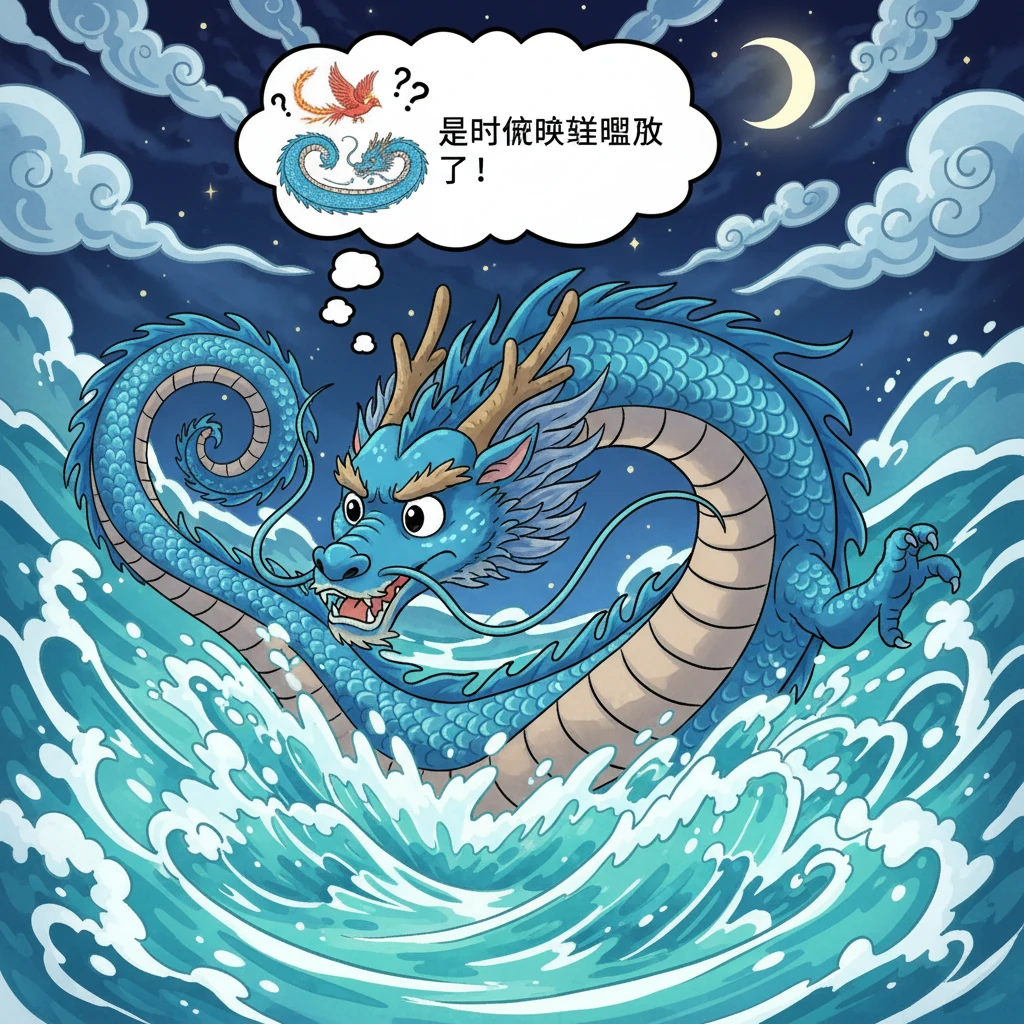在深邃的东海之滨，威严的青龙敖广感受到这股邪恶的波动。他从波涛中腾空而起，巨大的身躯在空中盘旋，眼中闪烁着担忧与决意，知道是时候唤醒沉睡的盟友了。