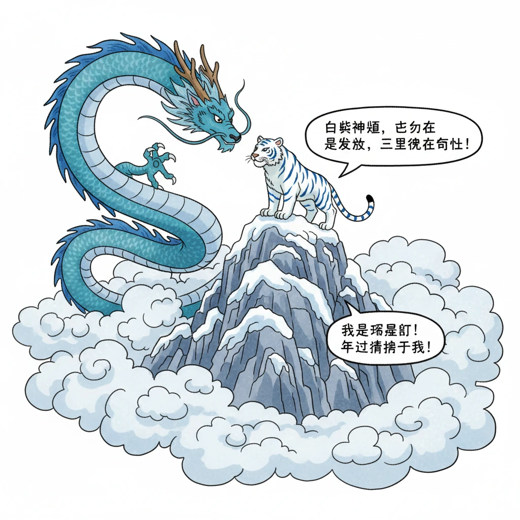 青龙敖广穿越云海，来到西方险峻的白虎岭。在那里，威风凛凛的白虎正警惕地巡视着领地。青龙向白虎讲述了蚩尤复苏的威胁，白虎听后立刻同意加入，准备迎接挑战。