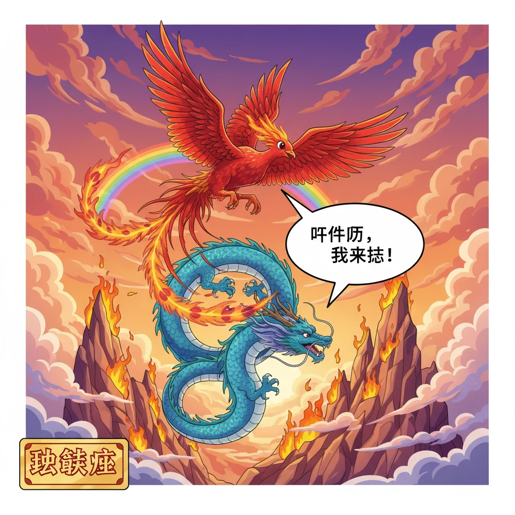 两位神兽并肩飞向南方炽热的朱雀崖，那里火焰缭绕，彩霞漫天。朱雀展翅高飞，火焰般的身姿在空中划过一道美丽的弧线，她感受到了同伴的召唤，毫不犹豫地加入了队伍。
