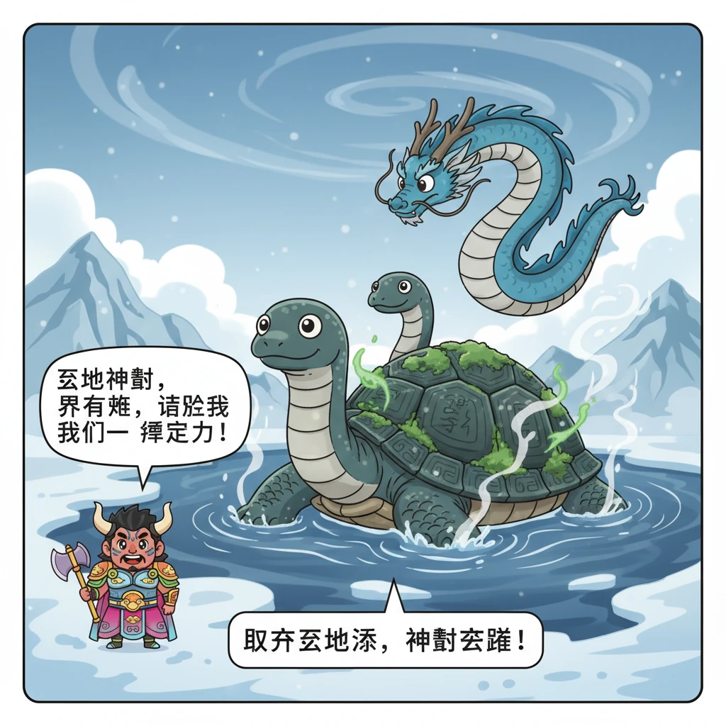 最后，他们来到北方寒冷的玄武潭，唤醒了沉睡的玄武。巨大的龟身与盘绕的蛇灵缓缓从水中浮现，古老而沉稳的玄武感受到了世界的危机，毅然决定与伙伴们并肩作战。