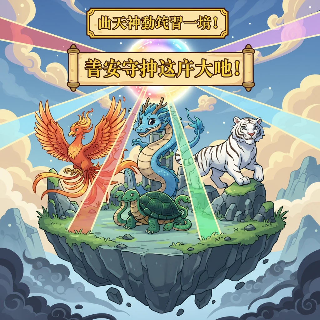 四大神兽齐聚一堂，青龙、白虎、朱雀、玄武，他们的光芒照亮了天地，强大的力量汇聚在一起，形成了坚不可摧的联盟，誓要守护这片大地，对抗即将到来的黑暗。