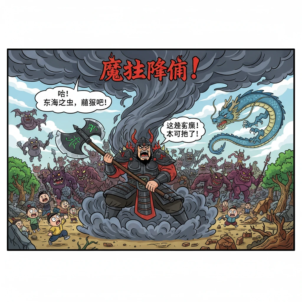 此时，蚩尤已完全苏醒，他身披漆黑的盔甲，手持巨斧，率领着无数面目狰狞的妖魔大军，如同乌云般席卷而来，所到之处一片狼藉，生灵涂炭。