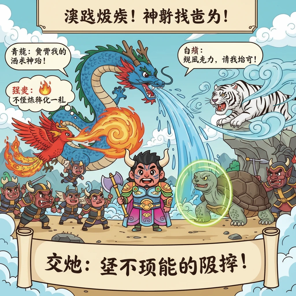 一场惊天动地的决战爆发了！青龙喷吐洪水，白虎呼啸狂风，朱雀喷射烈焰，玄武筑起坚固的防御。四大神兽各展神通，与蚩尤和他的妖魔大军展开了激烈的搏斗，场面震撼人心。