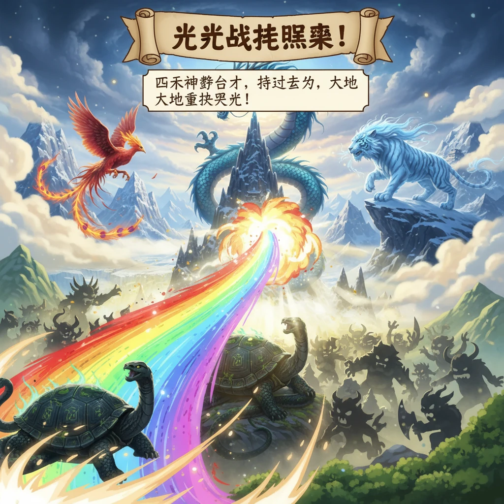 最终，四大神兽合力发出耀眼的光芒，他们的力量交织在一起，形成一道无法阻挡的神圣冲击波，将蚩尤和他的妖魔大军彻底击退。黑暗消散，光明重现，大地再次恢复了宁静与生机。