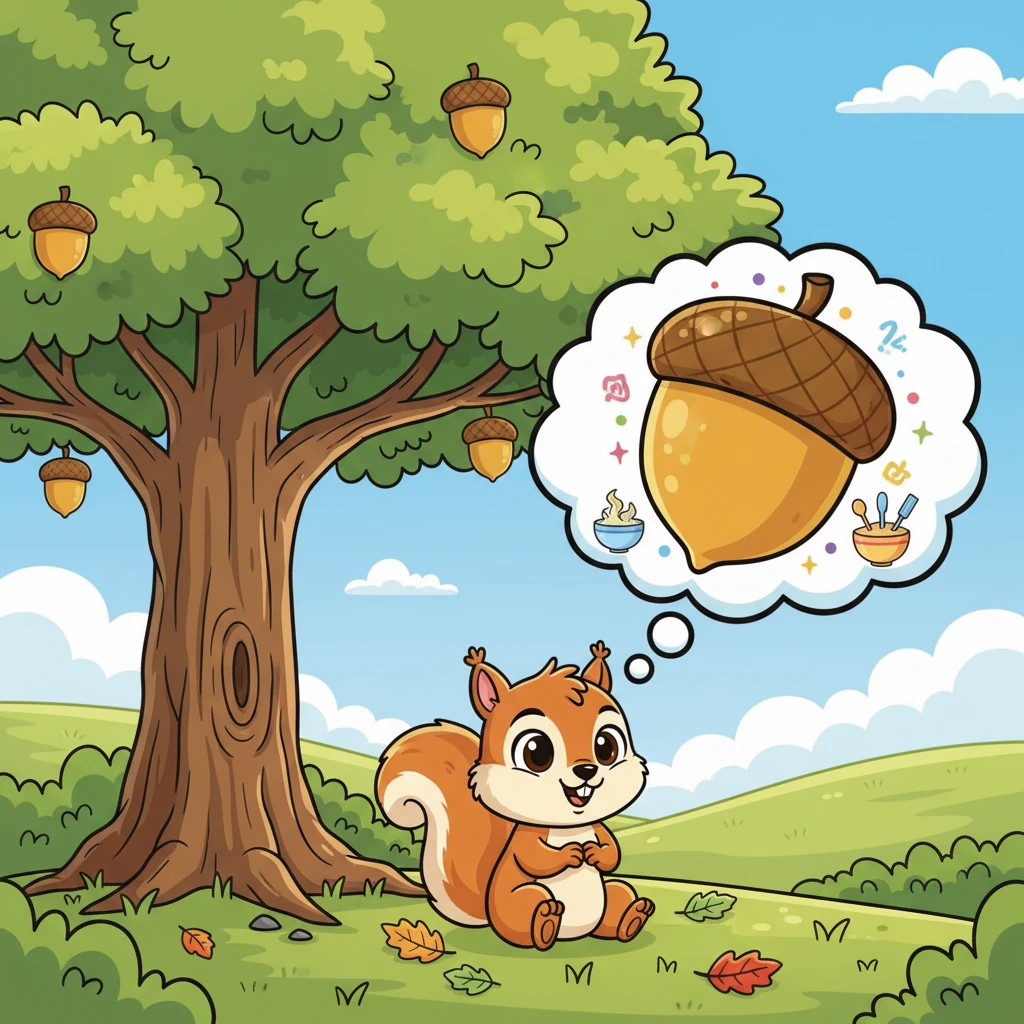 كان السنجاب الصغير فرحان يحلم ببلوطة عملاقة ولذيذة. جلس تحت شجرة بلوط عظيمة، وعيناه تلمعان بالدهشة وهو يتخيل كل الوجبات الشهية التي يمكن أن يصنعها من هذا الكنز. كان قلبه مليئًا بالأمل والفرح.