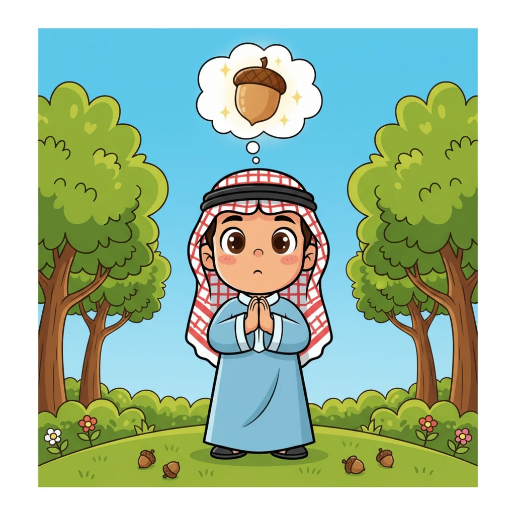 بعينين مليئتين بالرجاء وكفيه الصغيرتين المتشابكتين، نظر فرحان إلى السماء. رفع دعاءً صادقًا، طالبًا أكبر وألذ بلوطة في الغابة. كان قلبه يفيض بالرغبة الصادقة.